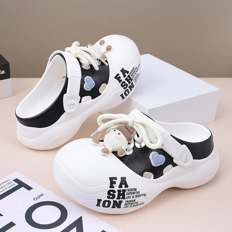 Women's 2025 EVA Platform Clogs Closed-toe Lace-up Beach Sandals Zpaxo black and white 37-38
