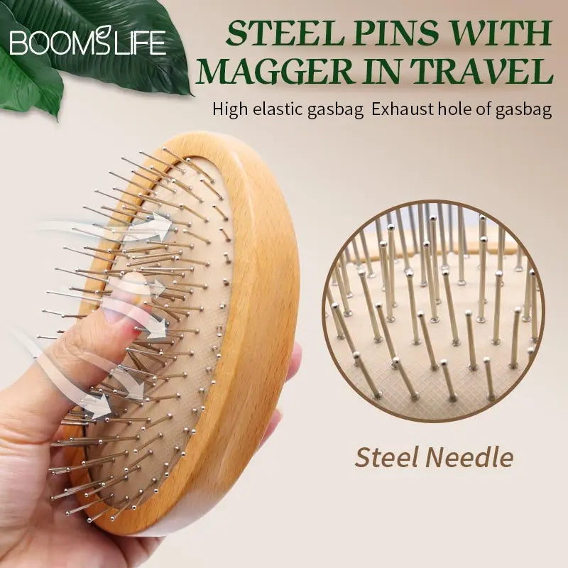 BOOMSLIFE Custom Name Head Massage Steel Hair Brush Mini Pocket Scalp Wood HairBrush with Steel Needle Airbag Wide Tooth Comb Zpaxo