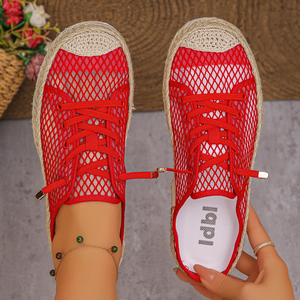 Women Flat Sandals Hollow Up Casual Shoes Women Fashion Mesh Breathable Shoes Woman Large Size Lace Up Sneakers Zapatos De Mujer Zpaxo Red 41