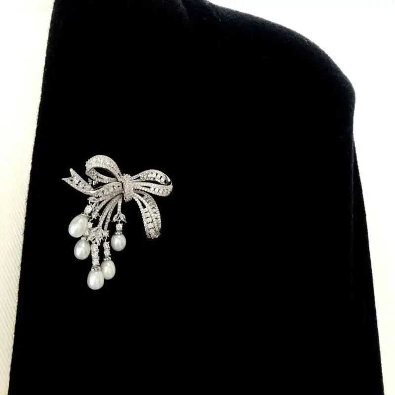 Handmade Luxury Zircon Pearl Bowknot Tassel Pin Stunning Brooch Zpaxo