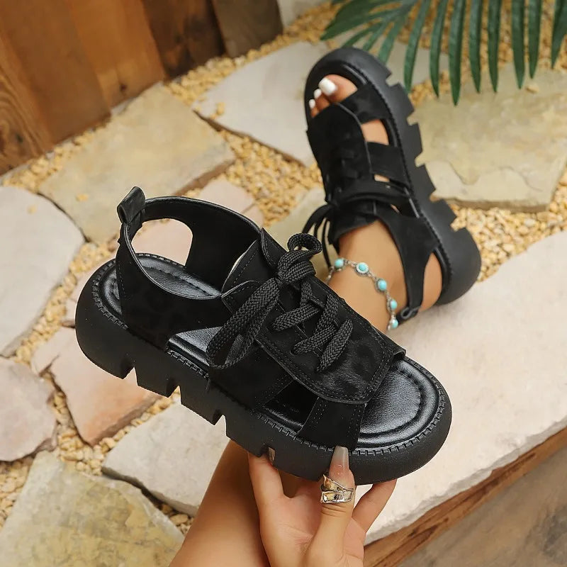 Women's Solid Hollow Out Breathable Mid Heel Sandals 2026 Summer Zpaxo black 37