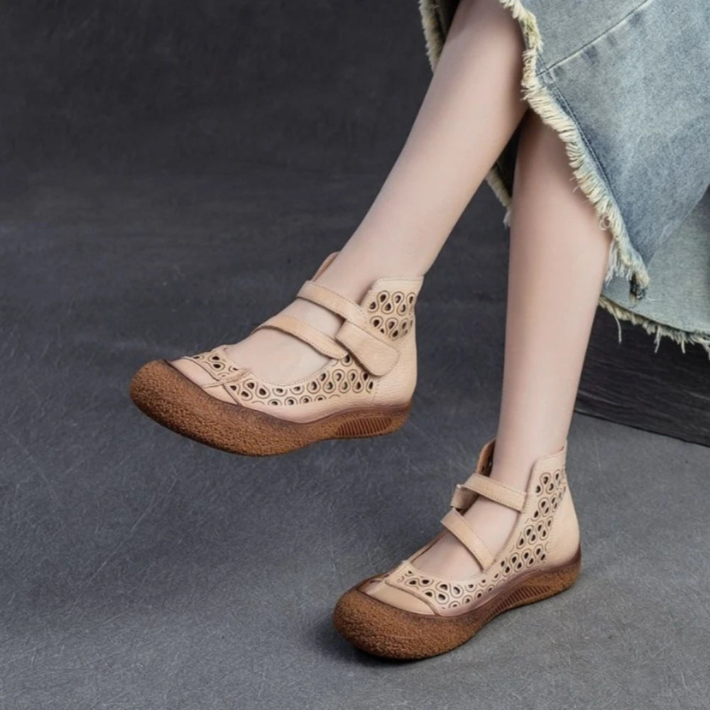 2025 Summer Retro Handmade Women's Shoes Genuine Leather Soft Bottom Mom Sandals Cowhide Hollow Out Casual Sandal Boots Zpaxo