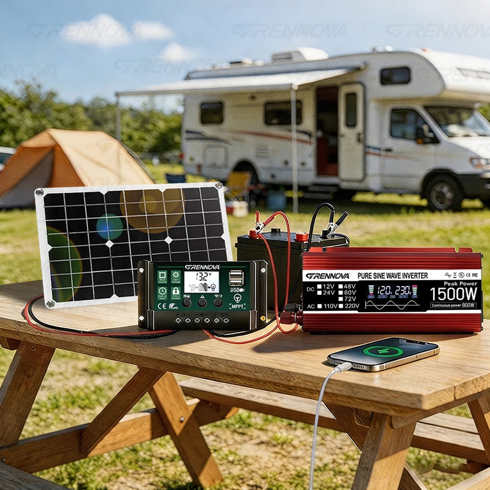 Grennova 1500W Solar Power Kit True Pure Sine Inverter 60A MPPT Controller 40W Panel for Off-Grid Outdoor Camping Home Backup Zpaxo