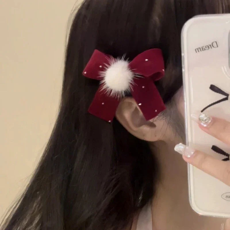 Red Velvet Bow Hair Pins Alloy Heart Clips Kids Girls Pompom Zpaxo