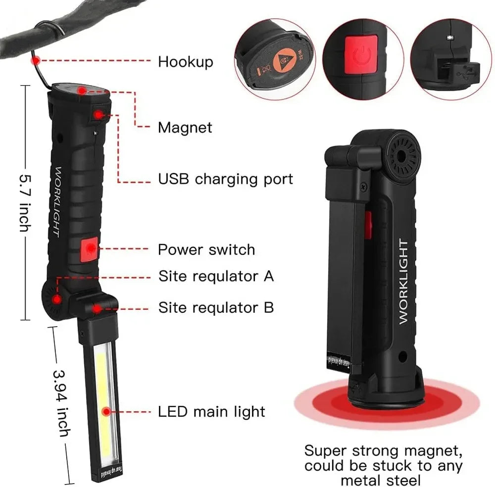 USB Rechargeable LED Work Light – Magnetic, Hook & 5 Modes