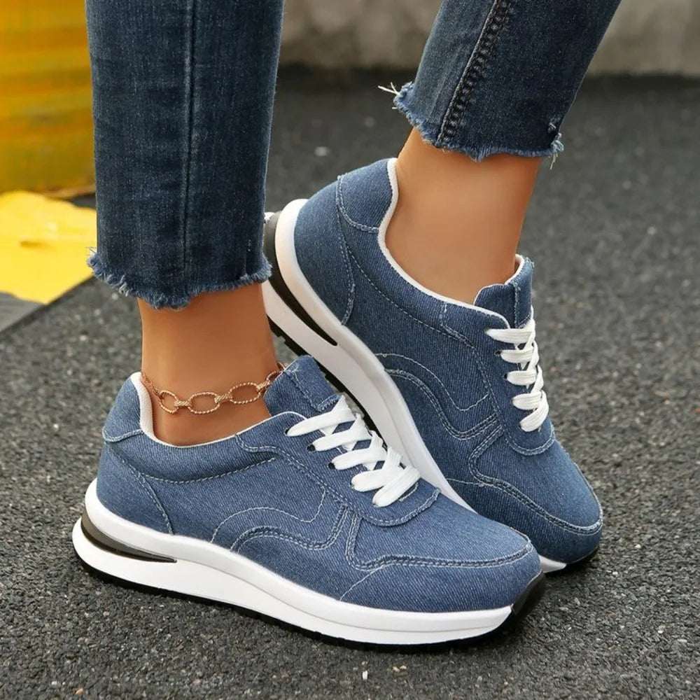 Blue Denim Platform Sneakers Women Fashion Thick Sole Lace Up Sports