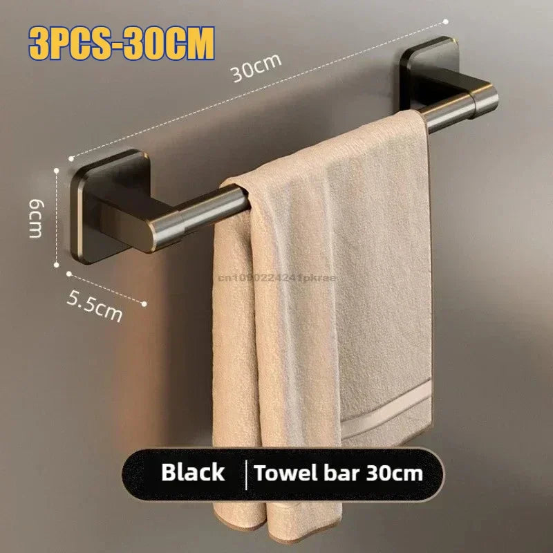 Wall Mounted Towel Rack Bathroom Storage Rack No Drilling Bathroom Horizontal Bar Towel Rack Kitchen Bathroom Accessories Zpaxo 3PCS-Black 30CM