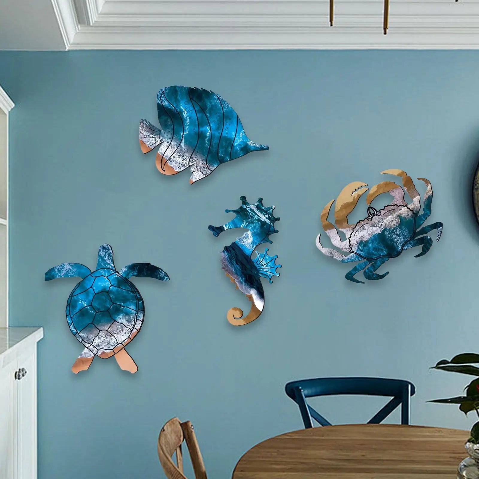 4x Sea Turtle Seahorse Crabs Fish Wall Sculpture Coastal Nautical Art for Cafe Lake House Ocean Bathroom Living Room Hotel Zpaxo