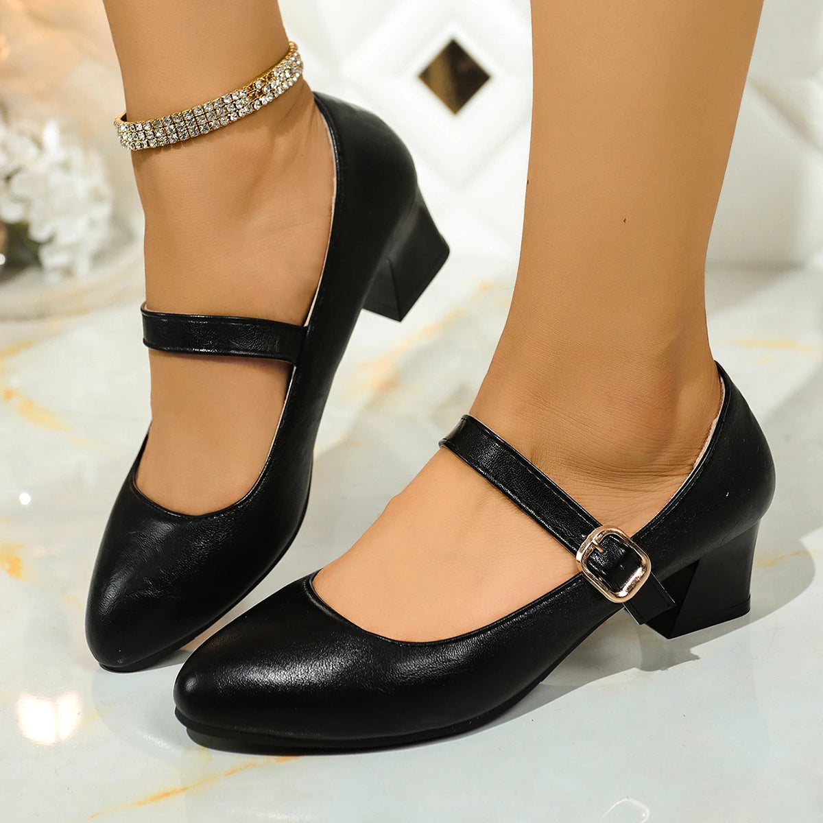 Heels Platform Pumps Women 2025 Spring Ankle Buckle Thick Heeled Mary Zpaxo black 906 43