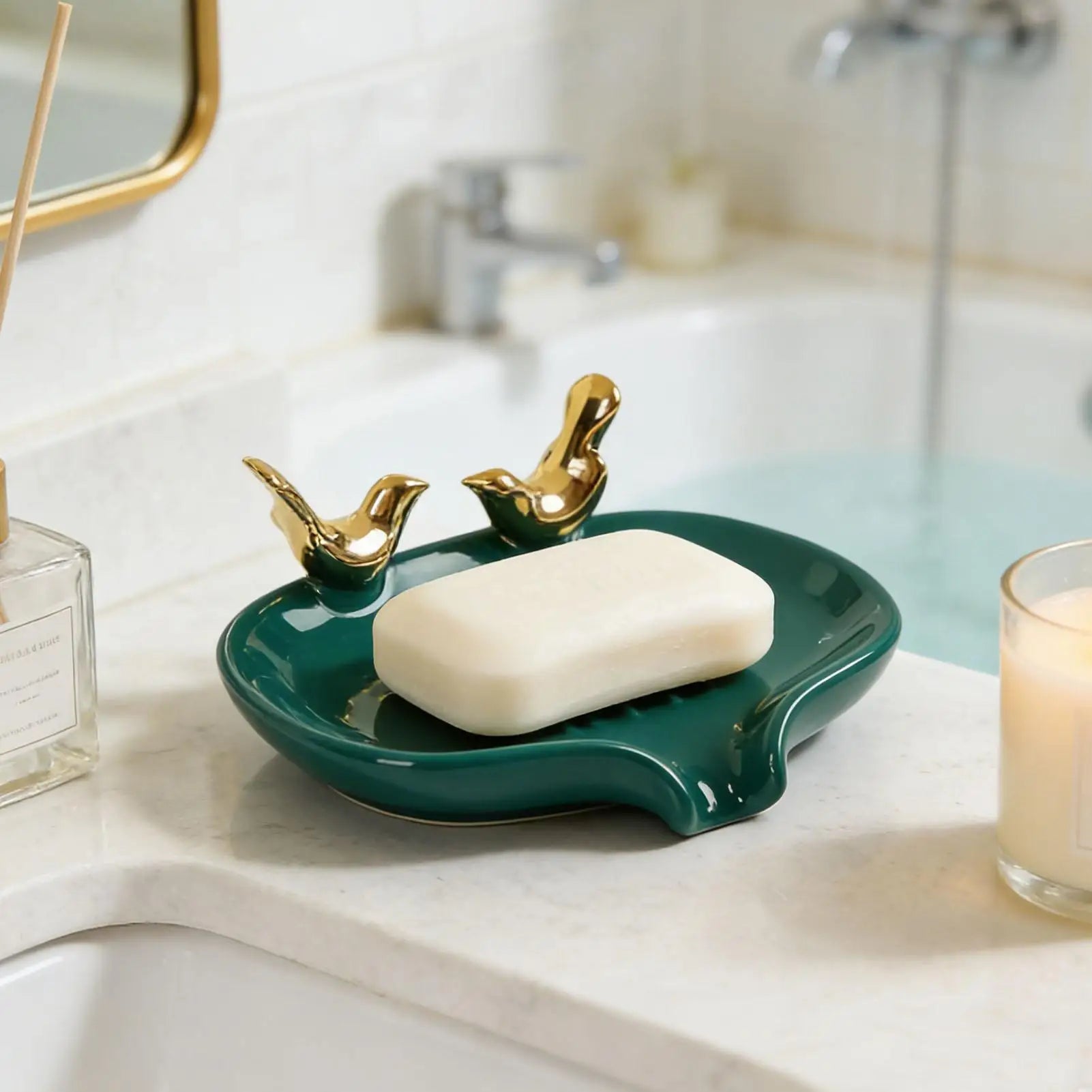 Bird Design Ceramic Soap Dish Self Draining Holder Modern Sink Tray