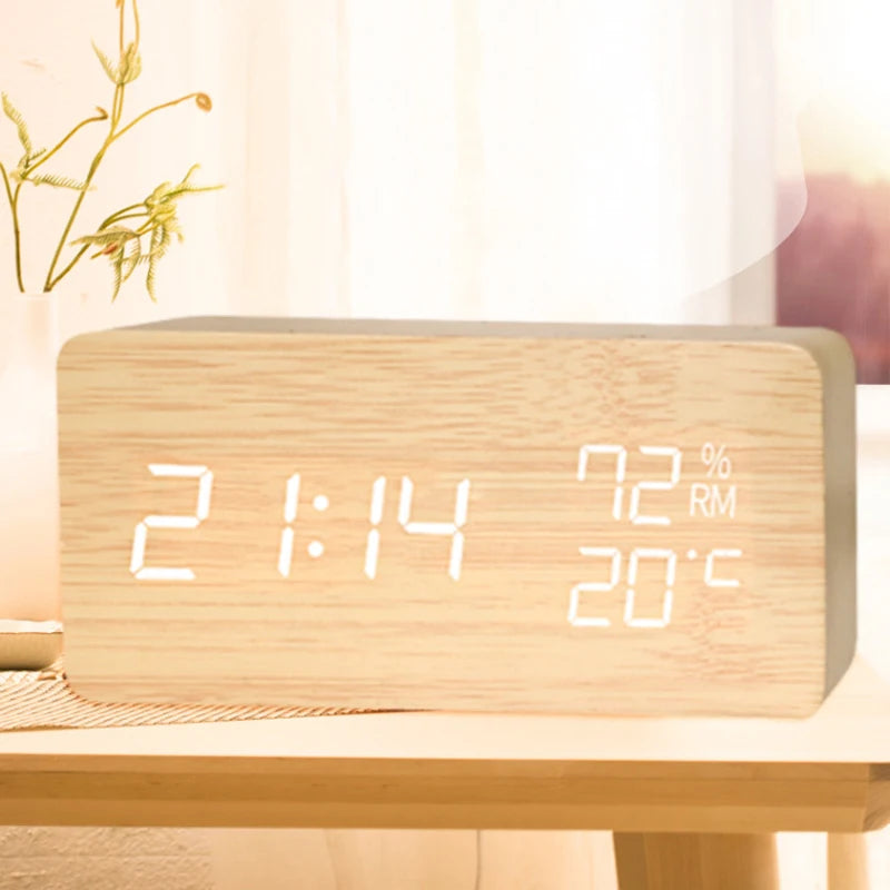 Wooden Temperature Humidity Display Clock Simple LED Silent Desktop
