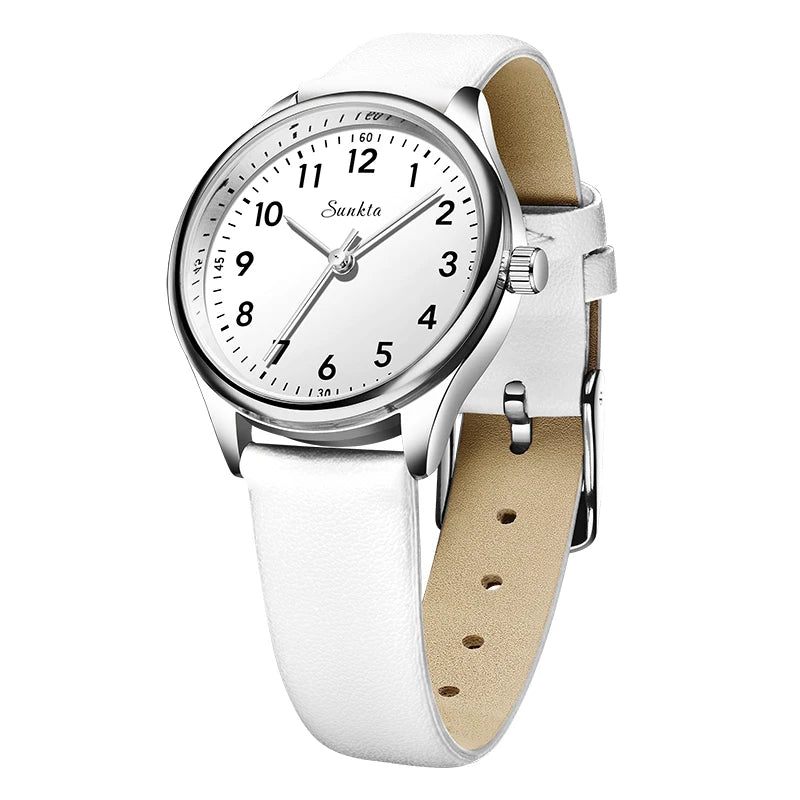 SUNKTA new fashion luxury women's quartz watches elegant leather Watches for Women waterproof simple ladies watches reloj+BOX Zpaxo White silver white