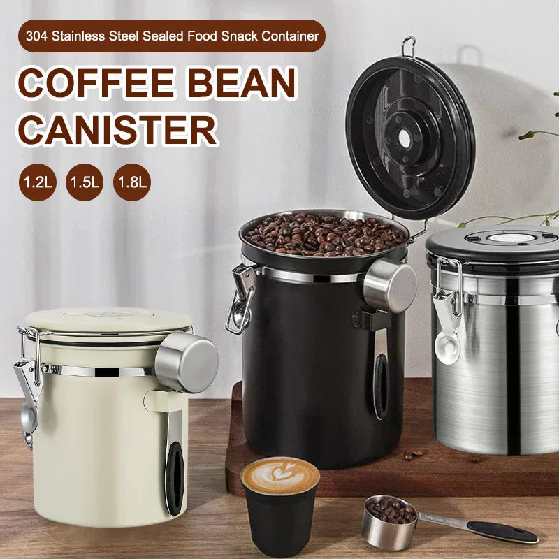 1.2 1.5 1.8L Coffee Bean Jar Airtight Canister Sealed Stainless Steel With Spoon One Way Valve Cannister Coffee Storage Kitchen Zpaxo