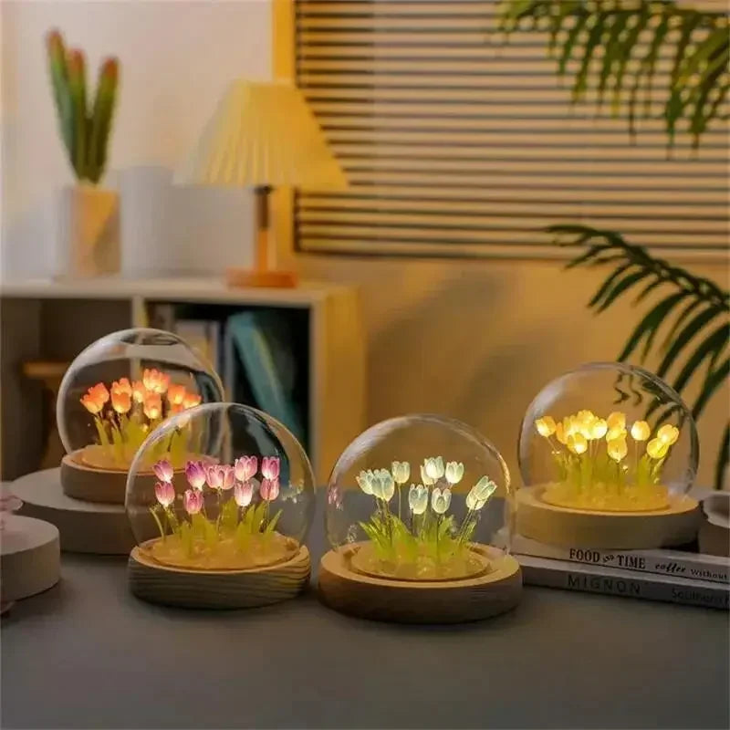 LED Tulip Flower Night Light – DIY Glass Dome Bedside Lamp Decorative Night Lamp Zpaxo