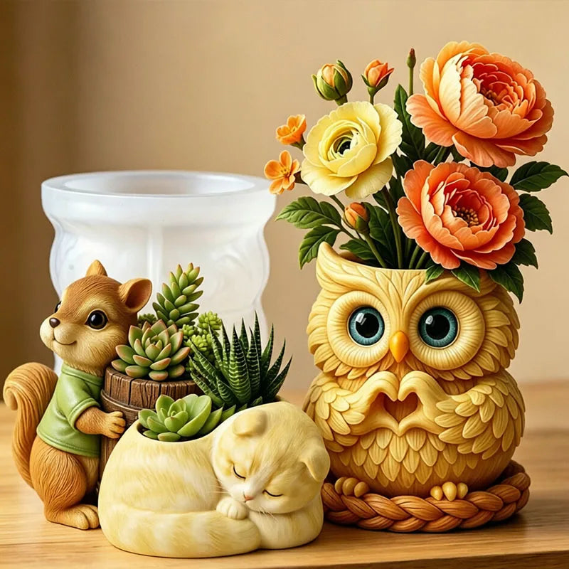 3D Animal Succulent Planter Pot Silicone Mold Squirrel Dog Cat Bear Owl Octopus Cement Flower Pot Candle Holder Pen Holder Mold Zpaxo