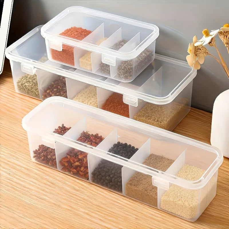 5-Compartment Spice Storage Box Lid Large Organizer Salt Pepper
