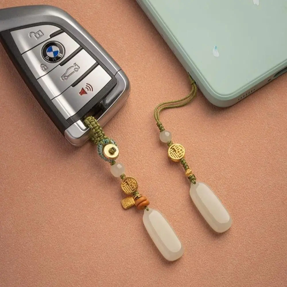 Fashionable Natural Hetian Jade Car Key Ring Tranquility Peace Key Pendants Green Personality Pendant Mobile Phone Chain Couple Zpaxo