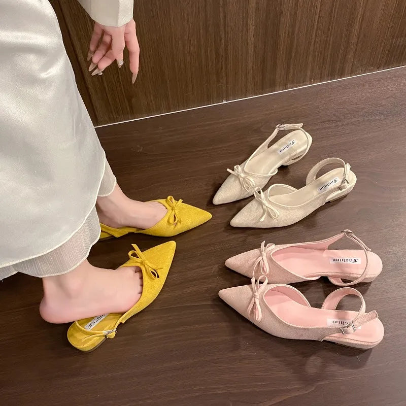 Summer Women's Low Heel Sandals Fashion Butterfly-knot Pointed Toe