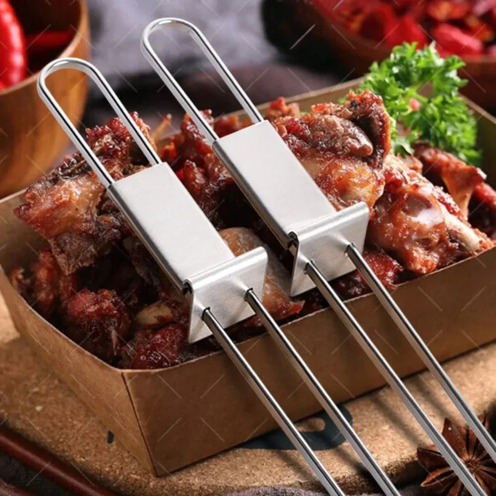Stainless Steel BBQ Skewer Fork – Double Pin with Push Plate BBQ Skewer Fork Zpaxo