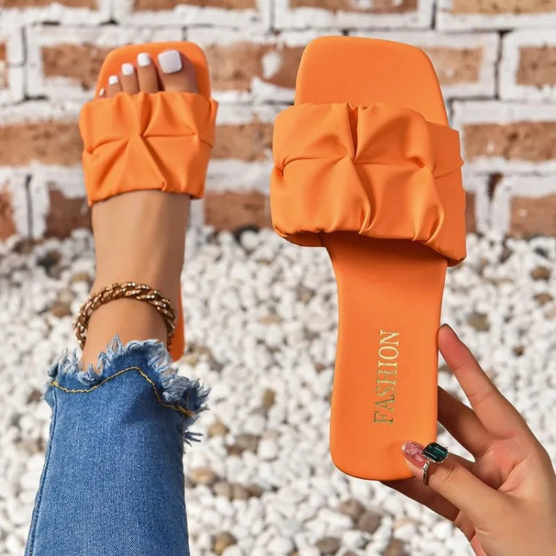 Summer Slippers Women Flip Flops Flats 2024 Pleated Korean Sandals