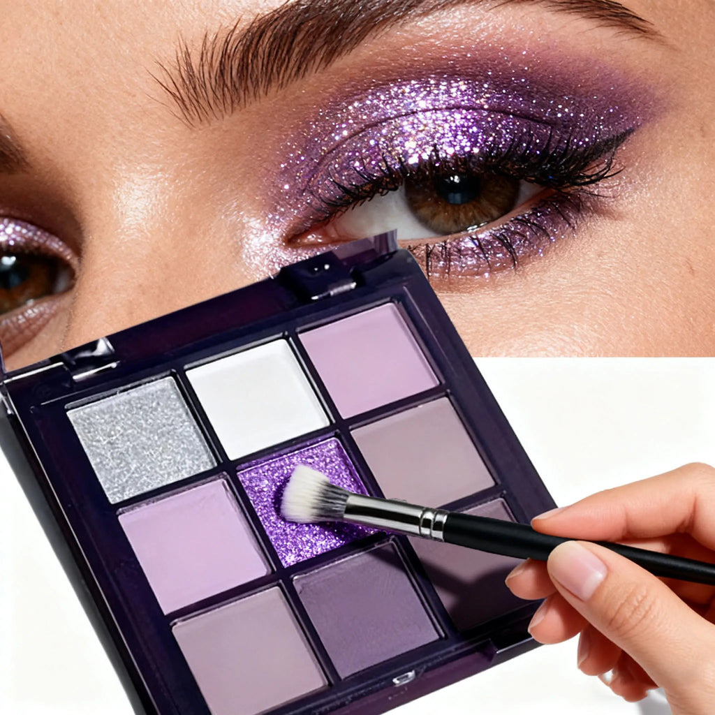 Eyeshadow palette, nine shades of smoky, matte, pearlescent, fine dark purple glitter, affordable makeup Zpaxo 9112-3072