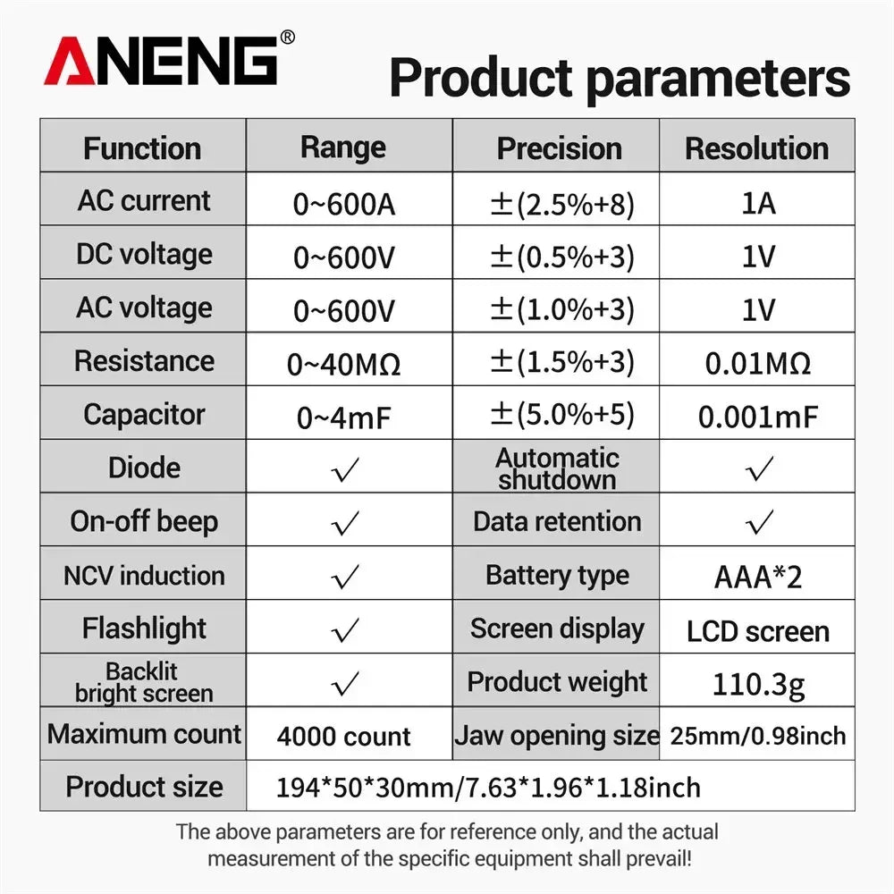 ANENG PN107 Aoto Digital Clamp Meter True RMS 4000 Count Electrical