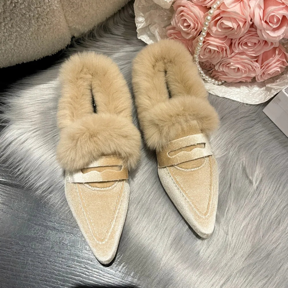 Fur Women Flats Cotton Boots Pointed Toe Suede Warm Shoes Designer