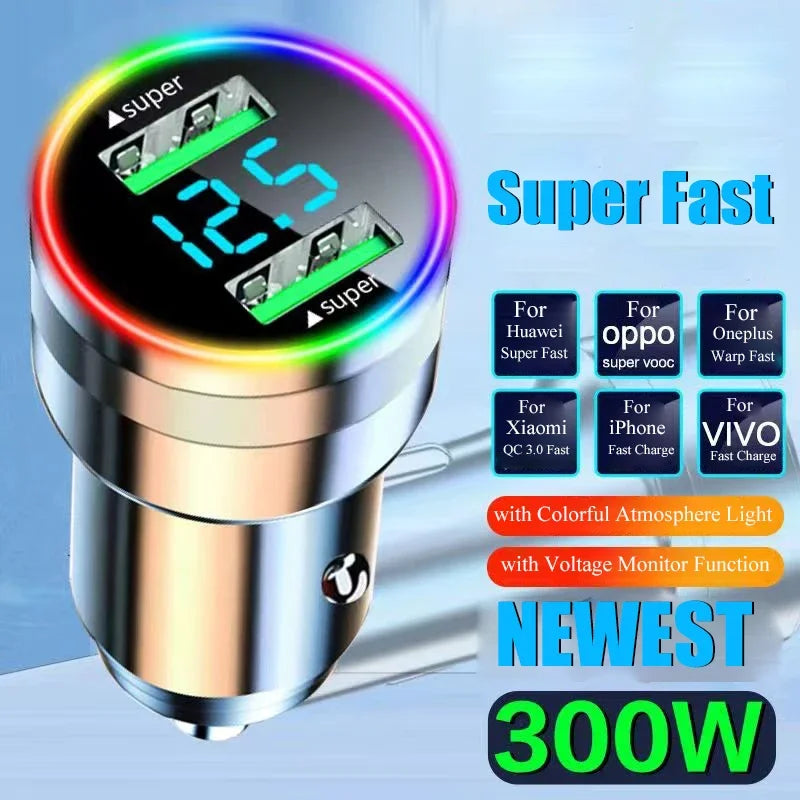 300W Dual Port USB Car Charger LED Light Voltage Monitor Fast Zpaxo