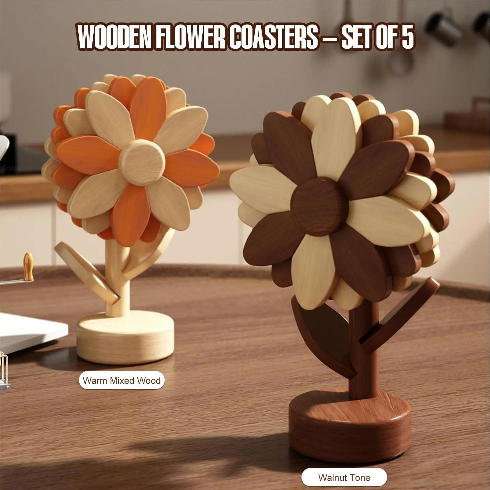Wooden Trivets Foldable Decorative Sunflower Shaped Tabletop Protector Wooden Trivet Set for Counter Table Countertop Oven Zpaxo