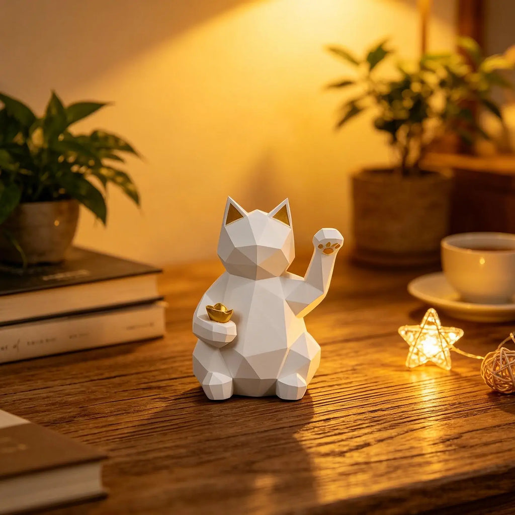 Luck Cat Geometric Resin Waving Desk Fortune Decor Home Office
