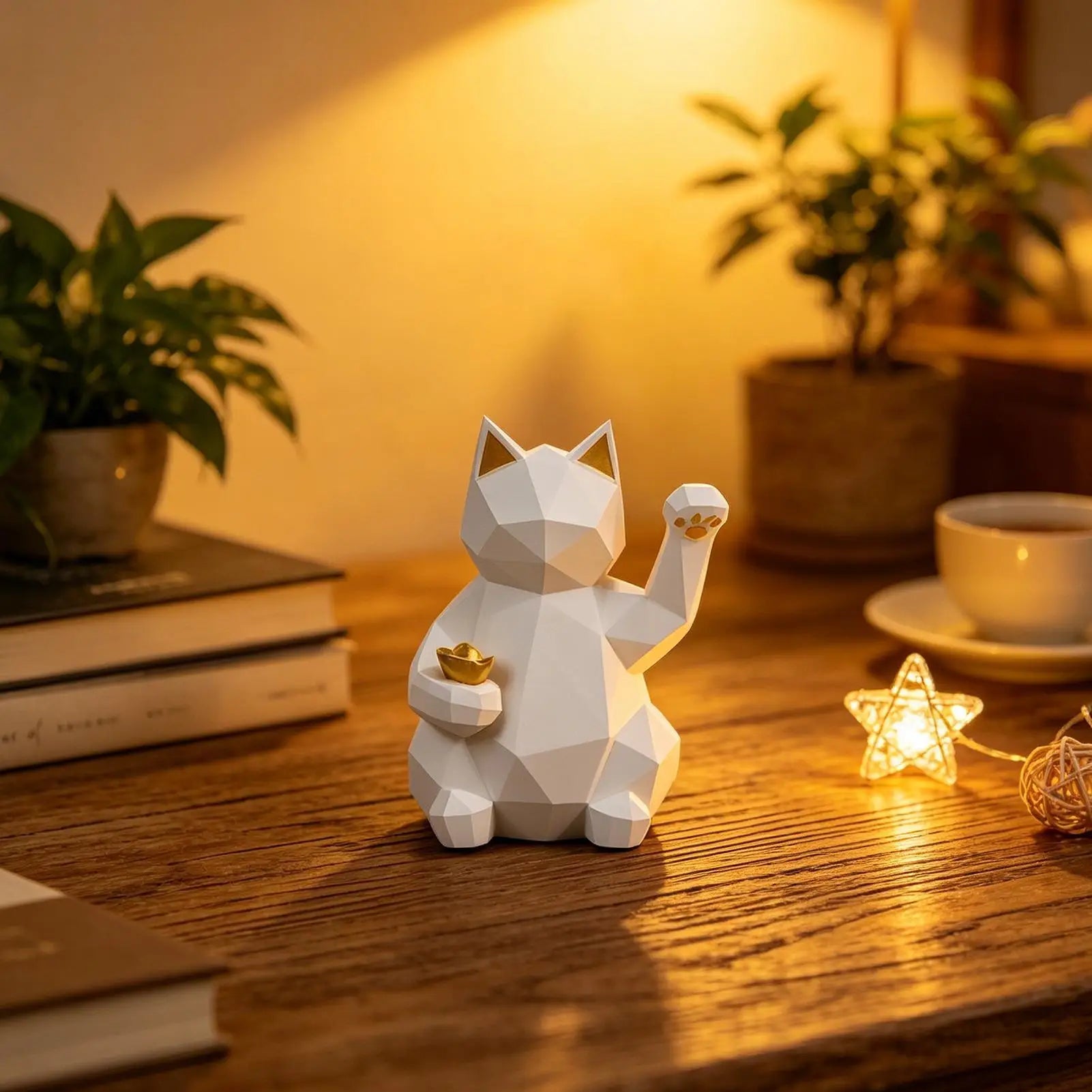 Luck Cat Geometric Resin Waving Desk Fortune Decor Home Office