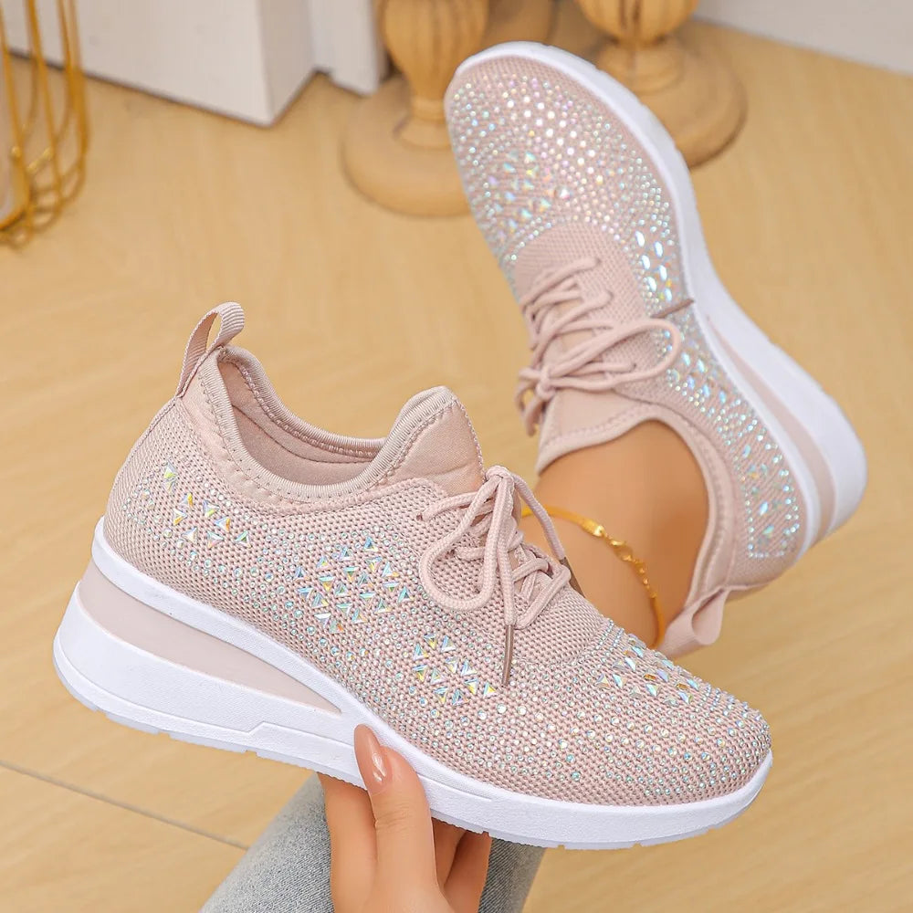 Women's Shiny Rhinestone Wedge Sneakers Breathable Knit Non Slip