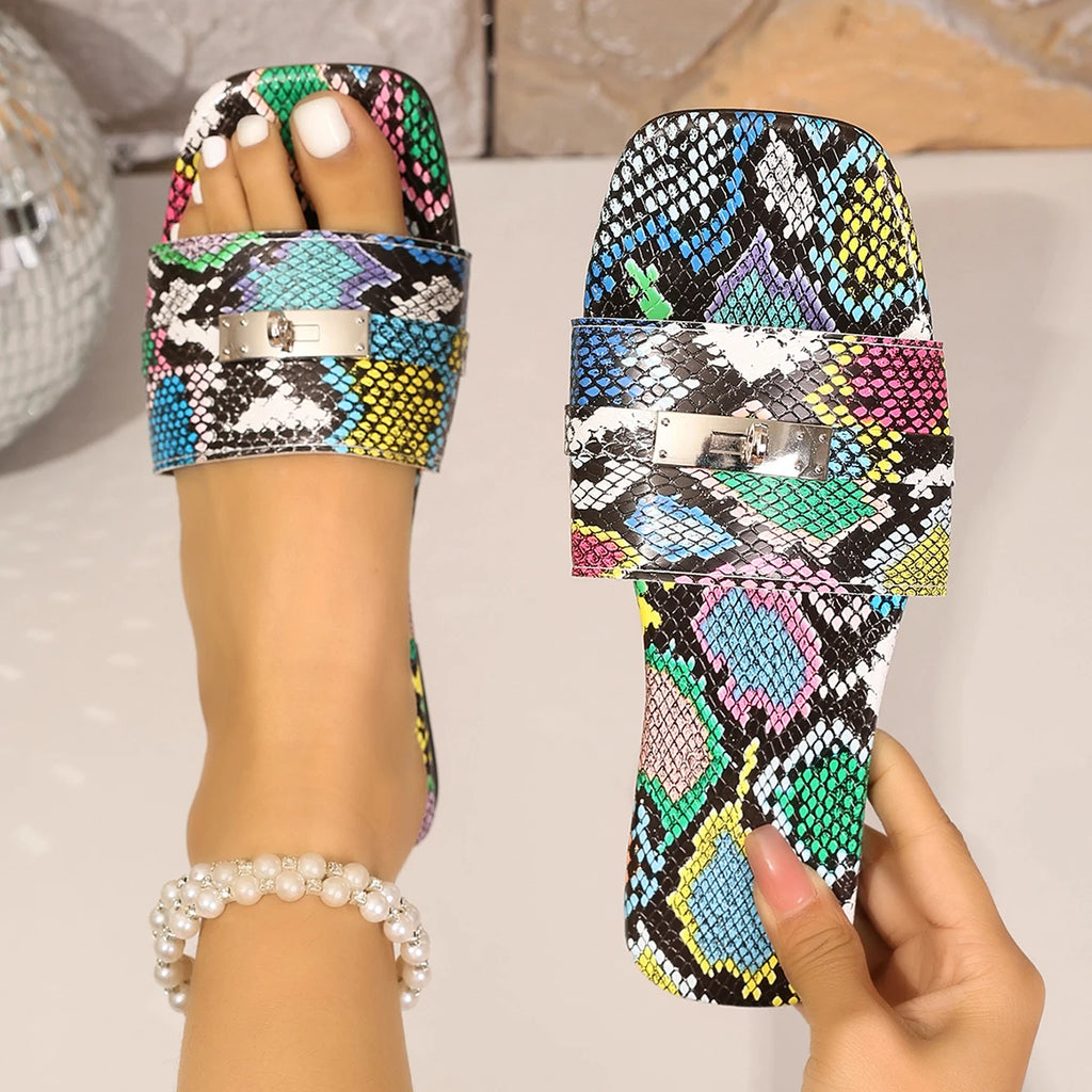 2025 Women Slippers Snake Skin Pattern Flat Non-slip Outdoor Sandals Zpaxo
