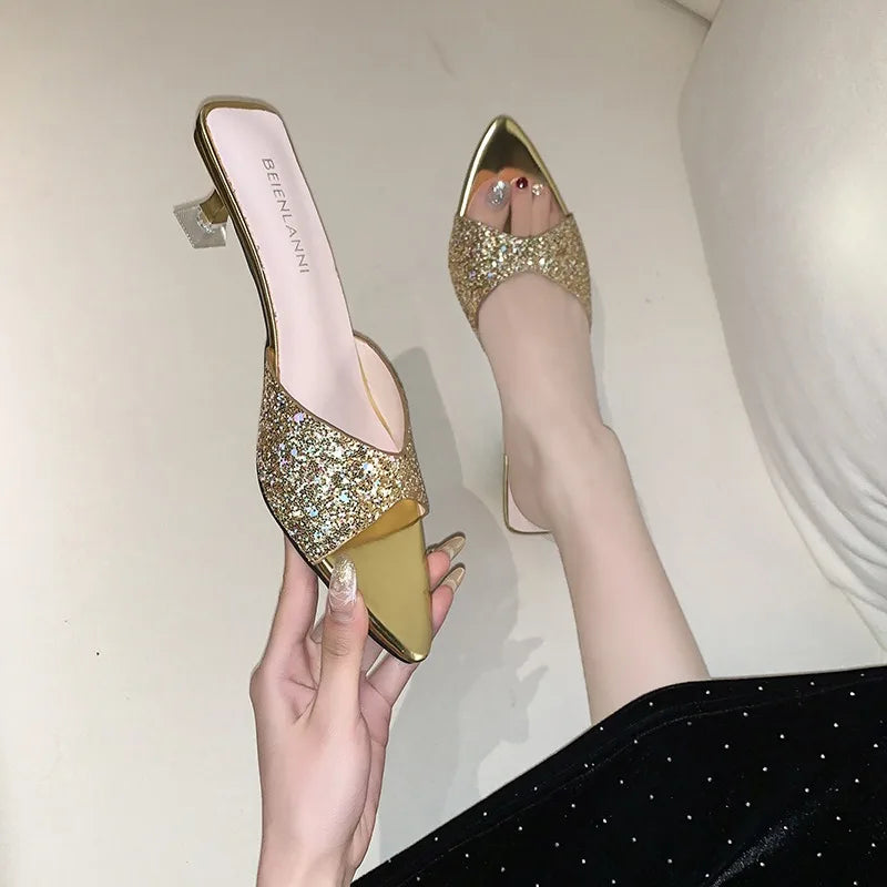 Luxury Women S Sandals Summer Mid Heels Open Toes Pointed Slip Sequin Zpaxo