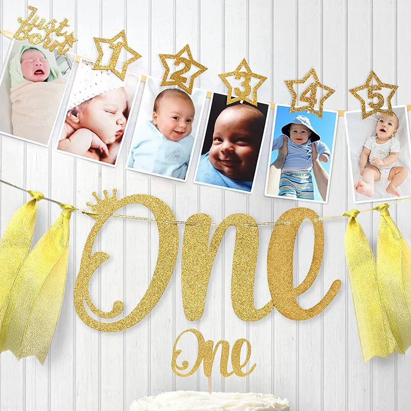 12 Months Photo Frame Banner First Happy Birthday Party Decorations