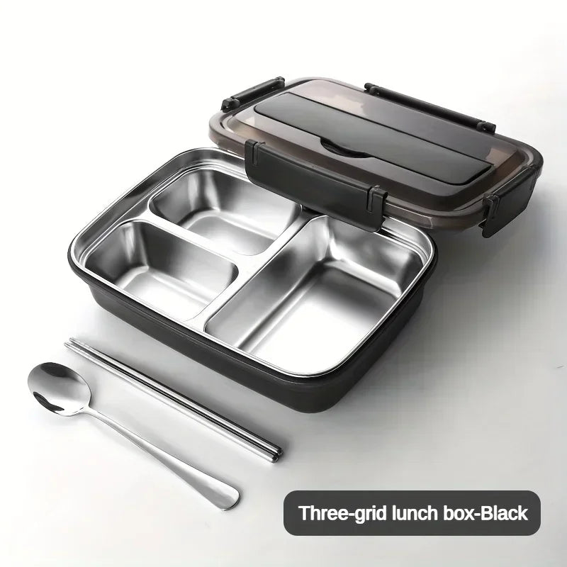 New Durable Easy-Clean Bento Container for Students & Office Workers,Leak-Proof Stainless Steel Lunch Box with 3 Compartments Zpaxo black