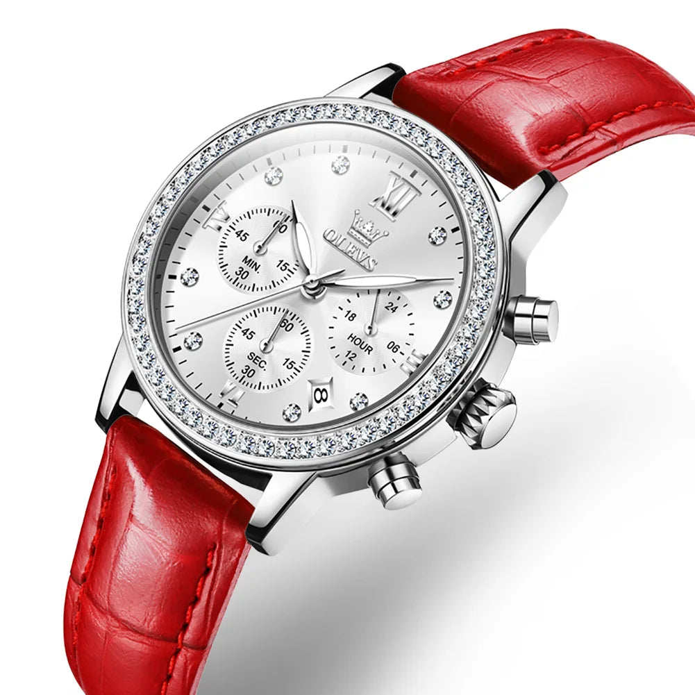 OLEVS Fashion Diamond Watches For Women Luxury Brand Rose Gold Case Ladies Quartz Watch White Leather Strap reloj para mujer Zpaxo Red silver