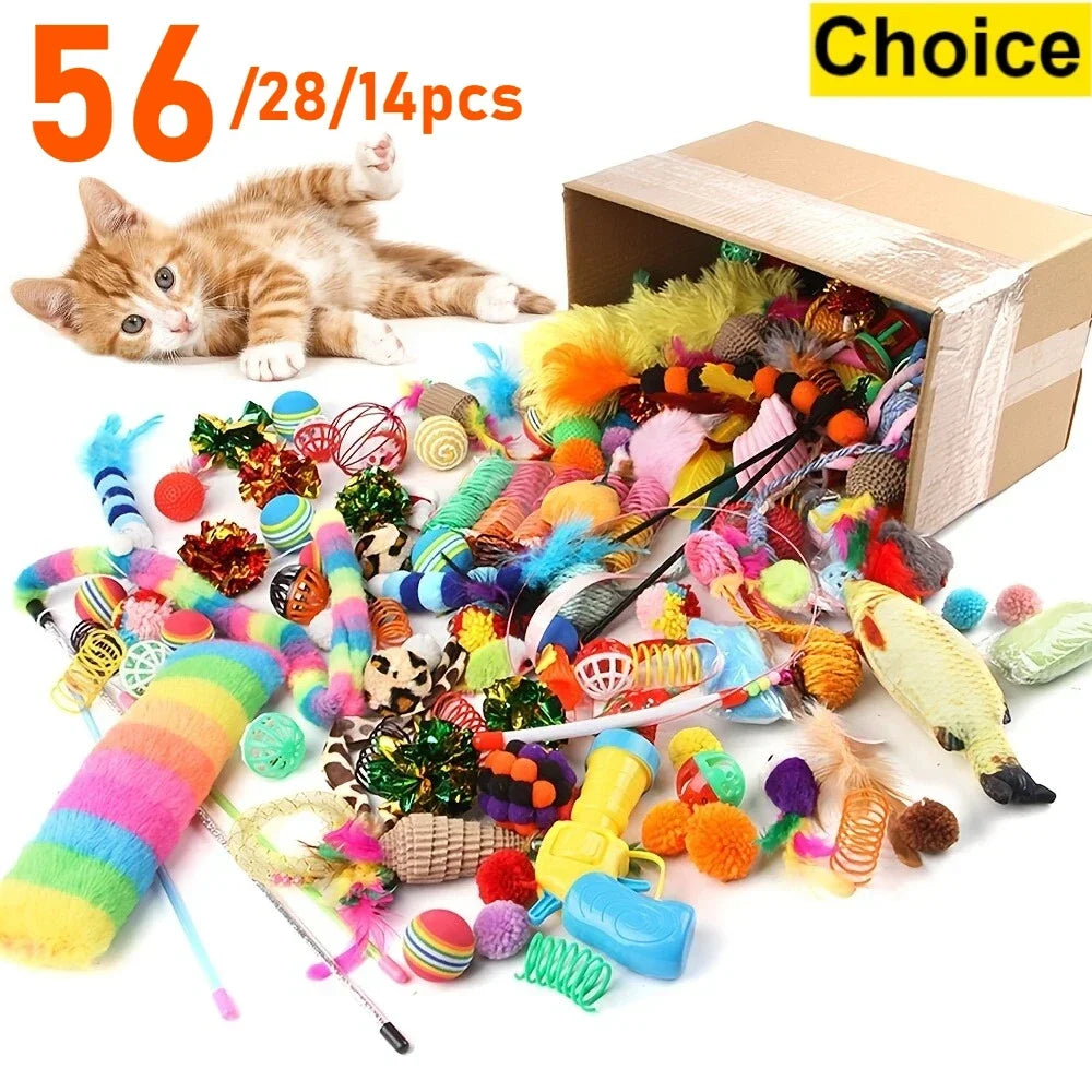 56pcs/28pcs/14pcs Cat Toys Mixed Pack. A Combination of Various Plastic Toys and Plush Toys Suitable for Multiple Cats To Play Zpaxo