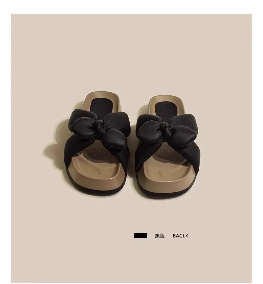 Women's Thick-soled French Bow Cross-off Non-slip Flat Beach Shoes Zpaxo 37 black