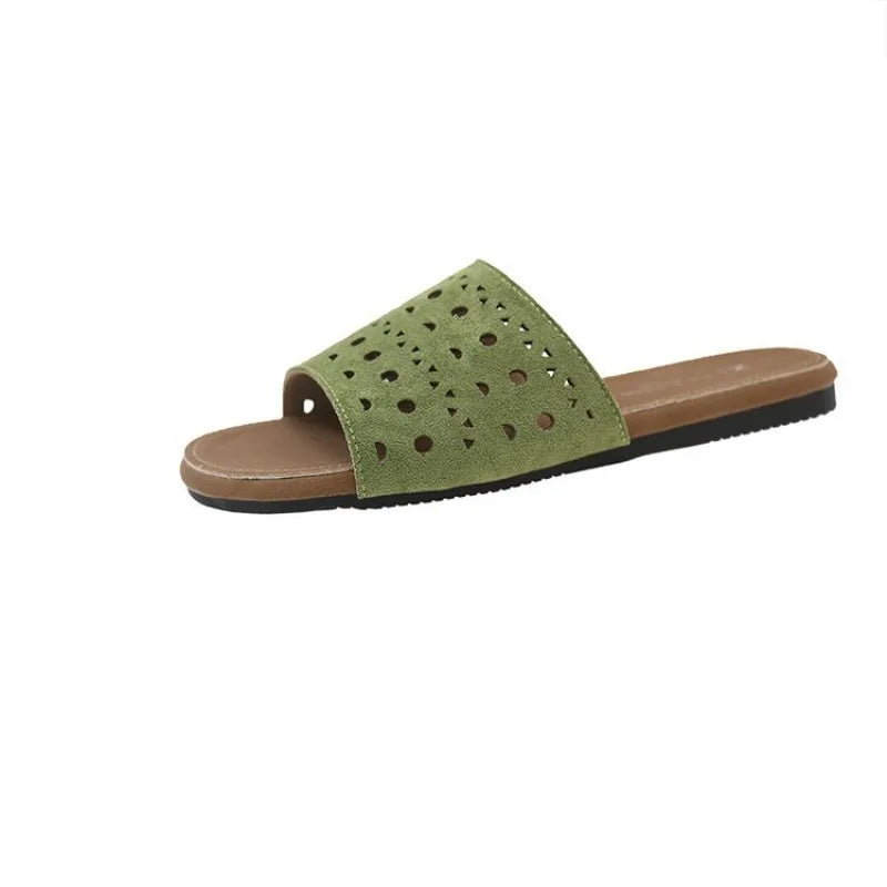 Hollow Out Flat Slippers Pu Leather Summer Sandals 2024 Luxury Design