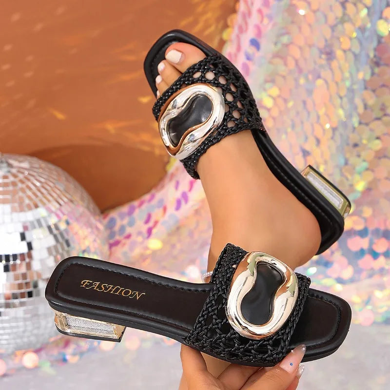 Women's Summer Weaving Breathable Metal Buckle Embellishment Square Zpaxo