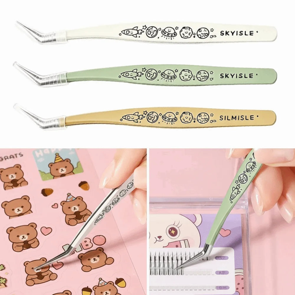 Stainless Steel Curved Stickers Tweezers Anti-static Cartoon Lashes Zpaxo