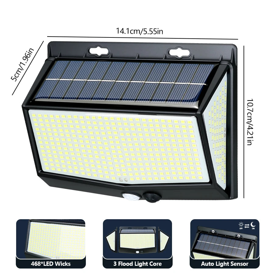 100 144 468 LED Solar PIR Motion Sensor Wall Light 3 Modes IP65 Zpaxo 468LED
