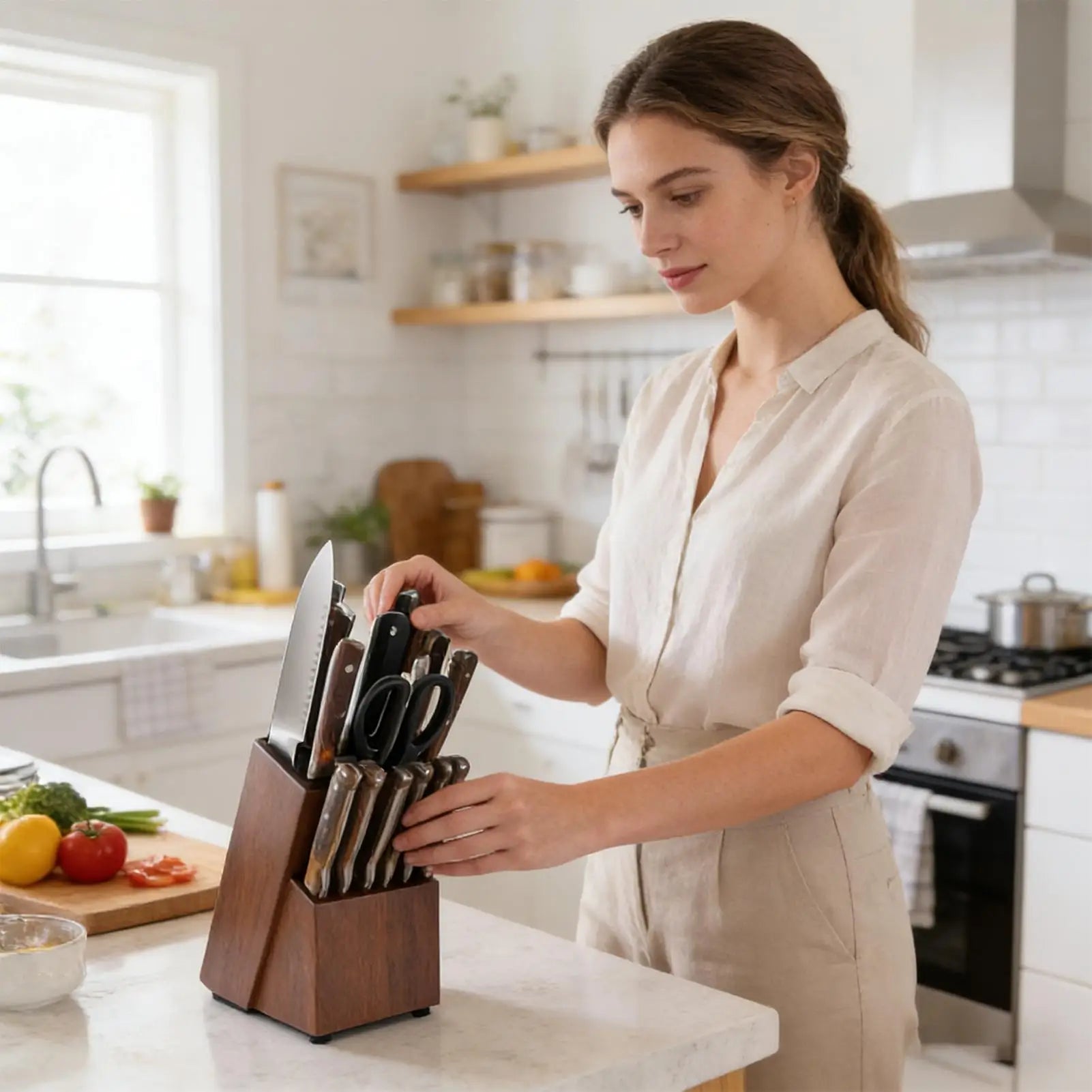 Kitchen Cutter Holder 14-Slot Wooden Organizer Cutter Holders For Counter Top For Kitchen Scissor Sharpenner Counter Top Home Zpaxo