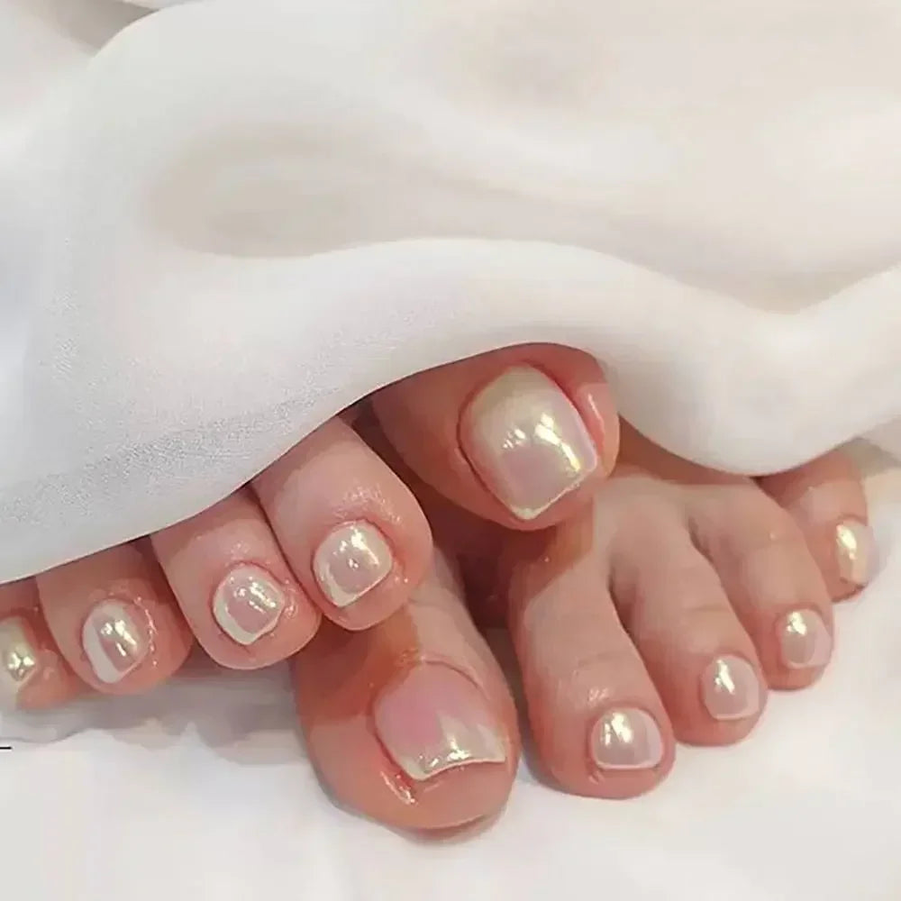 24pcs Sequins Fake Toenails Full Cover Short Square Toe Nails Foot Nails Tips for Women Girls Zpaxo JJP045-B5