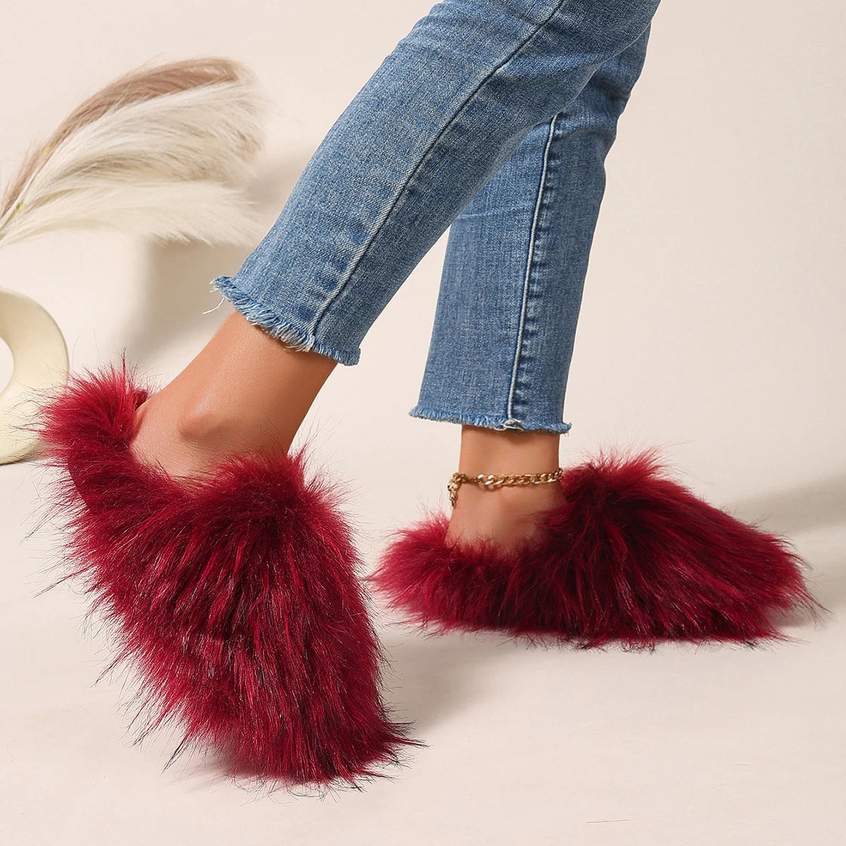 Fashion Warm Slippers Luxury Women Open Toe Raccoon Fur Slides Woman Zpaxo