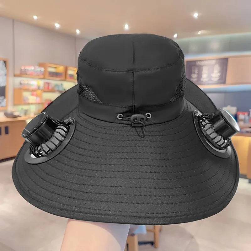 Outdoor Solar Fan Bucket Hat Travel Fishing Sunscreen Big Brim Sun Zpaxo black