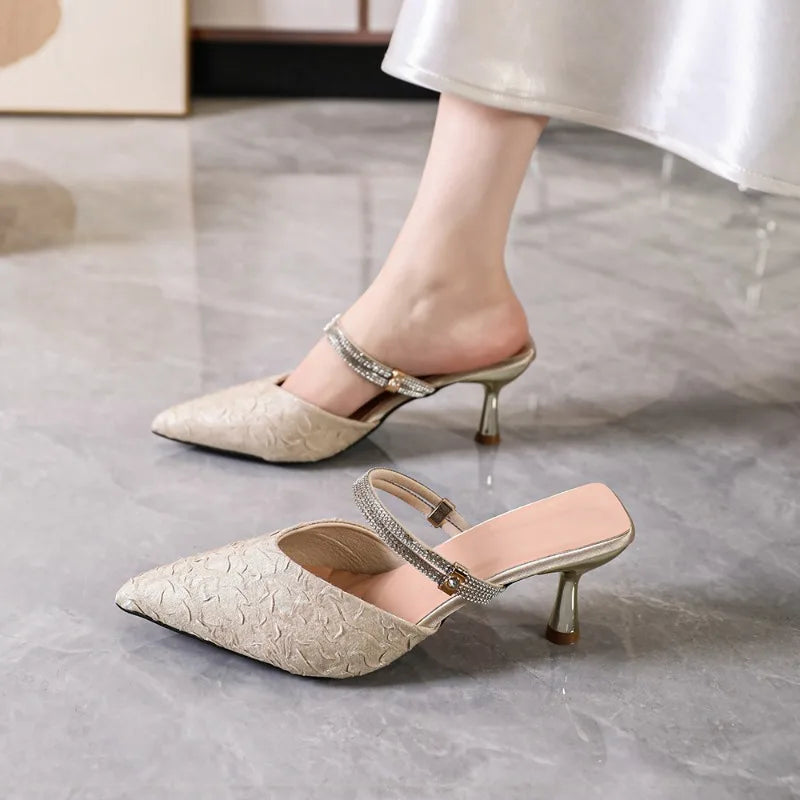 Summer Women's Pointed Closed Toe Rhinestone Embellishment Thin Heel Zpaxo Beige 40