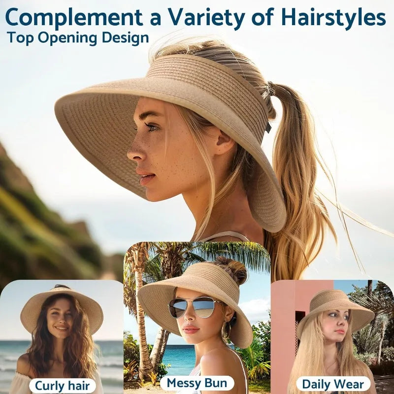 Summer Women Wide Brim Sun Hat, Roll-Up Foldable Beach Ponytail Hat, Seaside Travel Straw Hat, UV Protection Outdoor Visor Cap Zpaxo