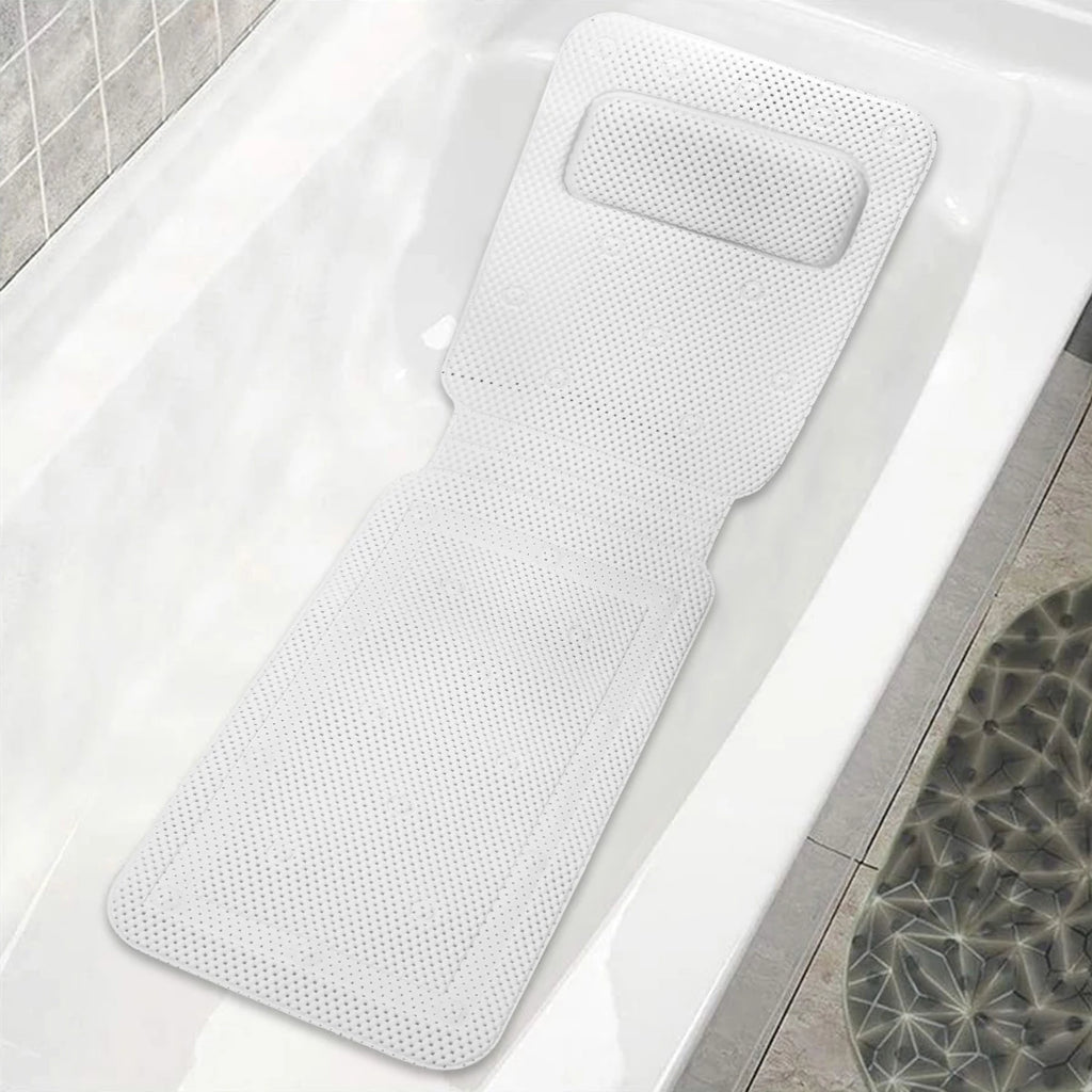 Non-slip Bathtub Cushion Mat with Suction Cup Full Body Rest Bath Pillow SPA Neck Cushion Hangable Bathroom Safety Accessories Zpaxo White